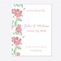 Floral wedding invitation, pink flower, green leaves, vector card template on white background hand drawn beautiful Royalty Free Stock Photo